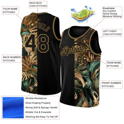 Personalized Black Old Gold Tropical Hawaii Palm Leaves 3D Pattern Basketball Jersey Personalized Black Old Gold 3D Pattern
