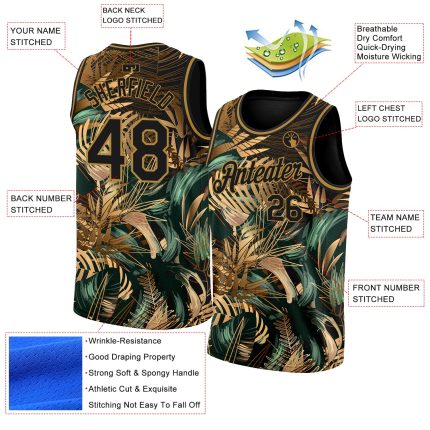 Personalized Tropical Hawaii Palm Leaves Basketball Jersey - Custom Name & Number, Black Old Gold 3D Pattern Personalized