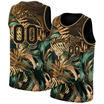 Personalized Tropical Hawaii Palm Leaves Basketball Jersey - Custom Name & Number, Black Old Gold 3D Pattern Personalized