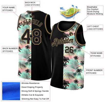 Custom Name and Number Tropical Hawaii Palm Trees Basketball Jersey - Personalized Black Old Gold 3D Pattern Personalized
