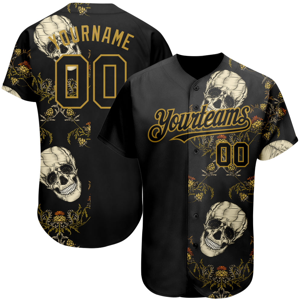 Custom Name and Number Personalized Black and Gold 3D Skull Plant Baseball Jersey - Authentic Fashion Team Apparel Personalized