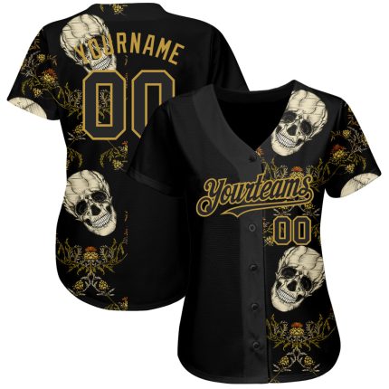 Personalized Black Gold 3D Skull Plant Design Baseball Jersey Personalized Black Old Gold 3D Plant And Skull Fashion Baseball