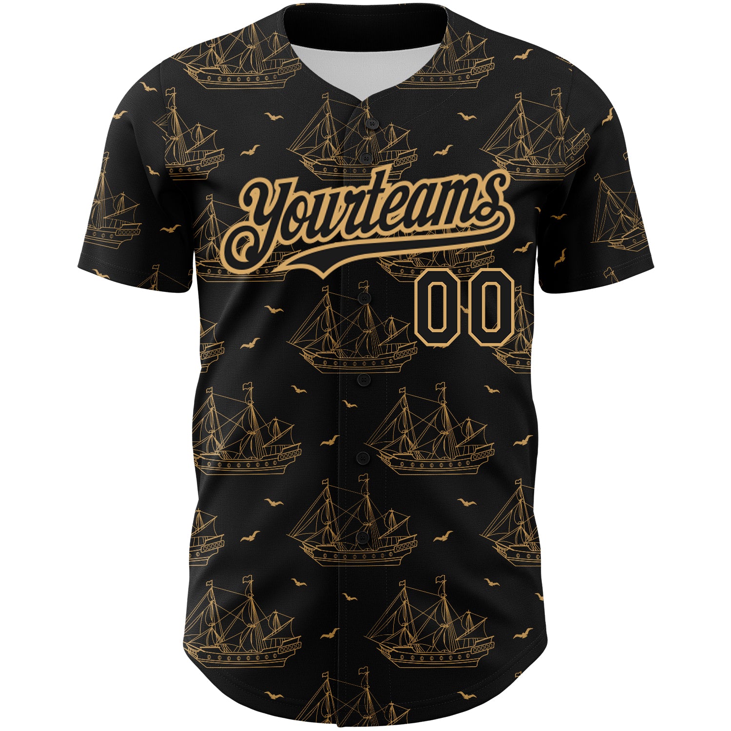 Personalized Black Old Gold 3D Ship Frigate Seagulls Baseball Jersey Personalized Black Gold 3D Ship Frigate Seagulls Jersey for Men and Women Baseball Personalized Black Old Gold 3D Ship Frigate - Image 2