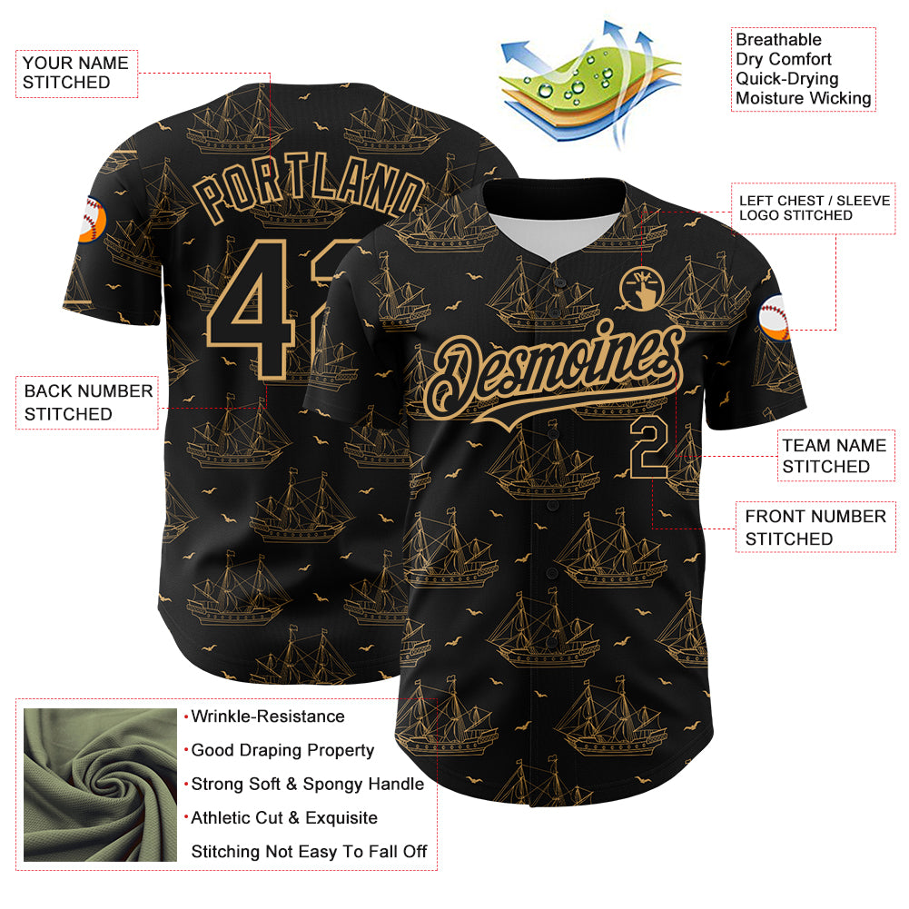 Personalized Black Old Gold 3D Ship Frigate Seagulls Baseball Jersey Personalized Black Gold 3D Ship Frigate Seagulls Jersey for Men and Women Baseball Personalized Black Old Gold 3D Ship Frigate - Image 3