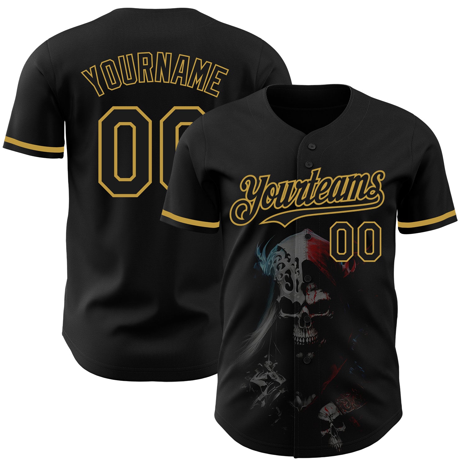 Personalized 3D Skull Baseball Jersey - Custom Name & Number, Black & Old Gold Fashion Design, Team Apparel Personalized