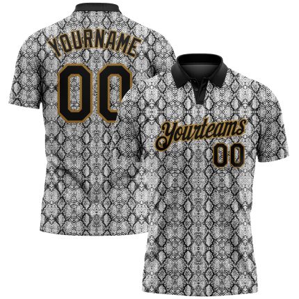 Personalized 3D Snakeskin Performance Polo Shirt in Black and Old Gold for Golf Personalized Black Old Gold 3D Snakeskin