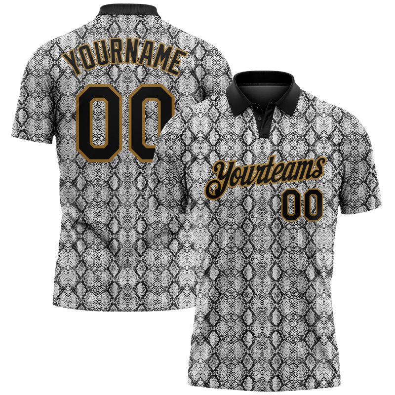 Personalized 3D Snakeskin Performance Polo Shirt in Black and Old Gold for Golf Personalized Black Old Gold 3D Snakeskin