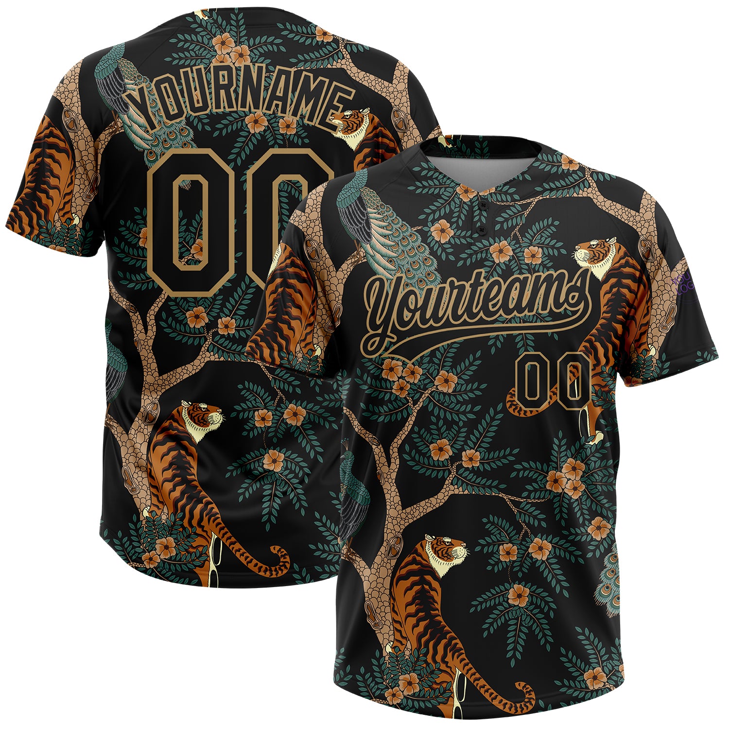 Personalized 3D Tiger Peacock Jersey Unisex Black Old Gold Softball Two-Button Personalized Black Old Gold 3D Tiger And Peacock