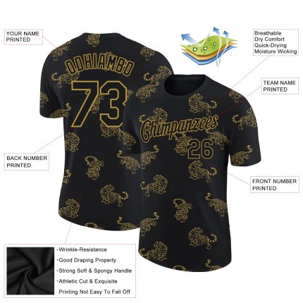 Personalized 3D Tiger Performance T-Shirt in Black Old Gold - Customizable Sports Tee Personalized Black Old Gold 3D Tiger