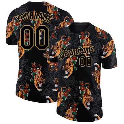 Personalized Black Gold 3D Tiger T-Shirt for Men - Performance Tee Personalized Black Old Gold 3D Tiger Performance T-Shirt