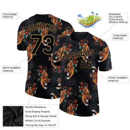Personalized Black Gold 3D Tiger T-Shirt for Men - Performance Tee Personalized Black Old Gold 3D Tiger Performance T-Shirt