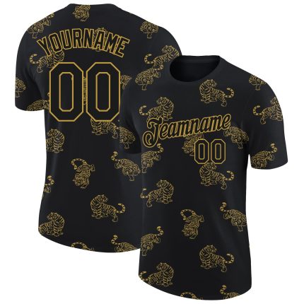 Personalized 3D Tiger Performance T-Shirt in Black Old Gold - Customizable Sports Tee Personalized Black Old Gold 3D Tiger