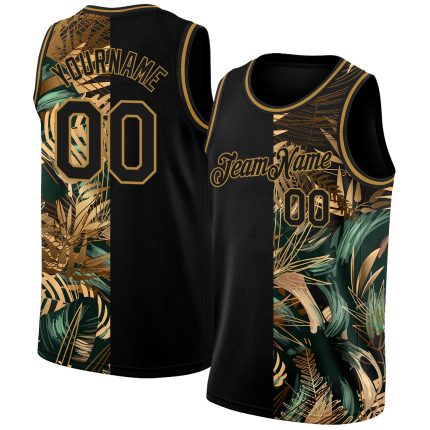 Personalized Tropical Hawaii Palm Leaves Basketball Jersey - Black Old Gold 3D Style Personalized Black Old Gold 3D Tropical