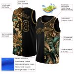 Personalized Tropical Hawaii Palm Leaves Basketball Jersey - Black Old Gold 3D Style Personalized Black Old Gold 3D Tropical