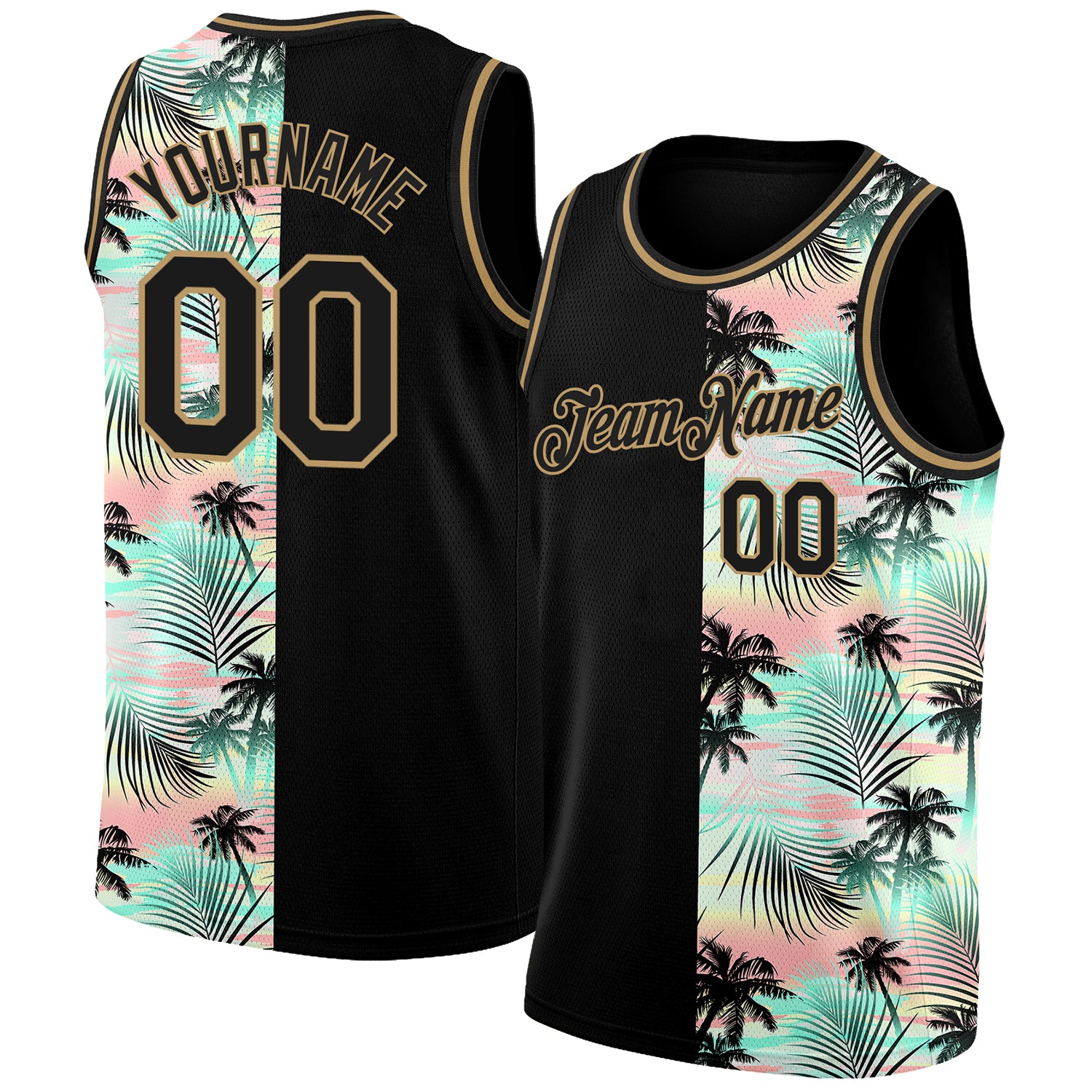 Personalized Black Gold 3D Hawaii Palm Trees Basketball Jersey for Men Personalized Black Old Gold 3D Tropical Hawaii Palm