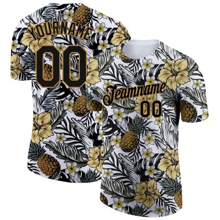 Personalized 3D Tropical Plant Pineapples Black Old Gold T-Shirt for Performance Wear Personalized Black Old Gold 3D Tropical