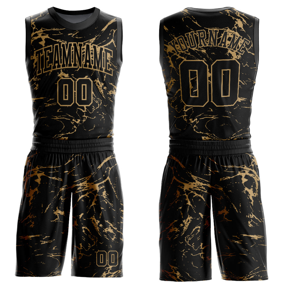Personalized Black Gold Abstract Grunge Basketball Jersey Round Neck Sublimation Suit Personalized Black Old Gold Abstract