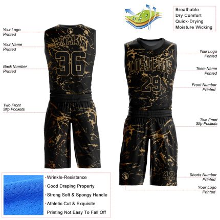 Custom Team Jersey with Personalized Name and Number - Black Old Gold Abstract Grunge Art Round Neck Basketball Suit Personalized