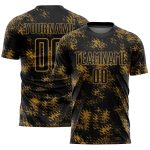Custom Abstract Grunge Soccer Uniform Jersey with Personalized Name and Number - Black and Old Gold Design Personalized Black