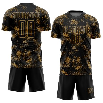 Custom Abstract Grunge Soccer Uniform Jersey with Personalized Name and Number - Black and Old Gold Design Personalized Black