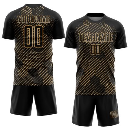 Custom Name Number Black Gold Abstract Hexagon Soccer Jersey Uniform Personalized Personalized Black Old Gold Abstract Hexagon