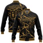Custom Black Gold Abstract 3D Bomber Varsity Letterman Jacket - Full-Snap Design Personalized Black Old Gold Abstract Network