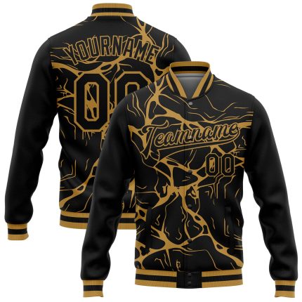 Custom Black Gold Abstract 3D Bomber Varsity Letterman Jacket - Full-Snap Design Personalized Black Old Gold Abstract Network
