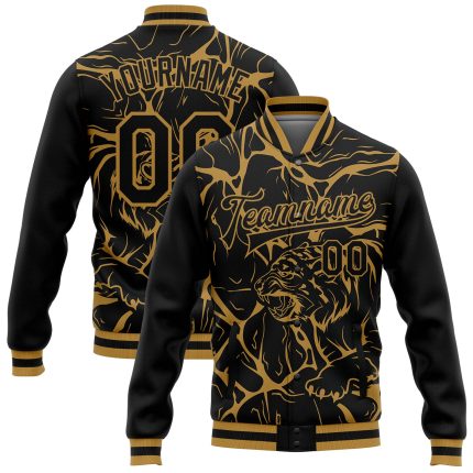 Personalized Black Gold Tiger 3D Bomber Varsity Letterman Jacket - Abstract Network Design Personalized Black Old Gold Abstract