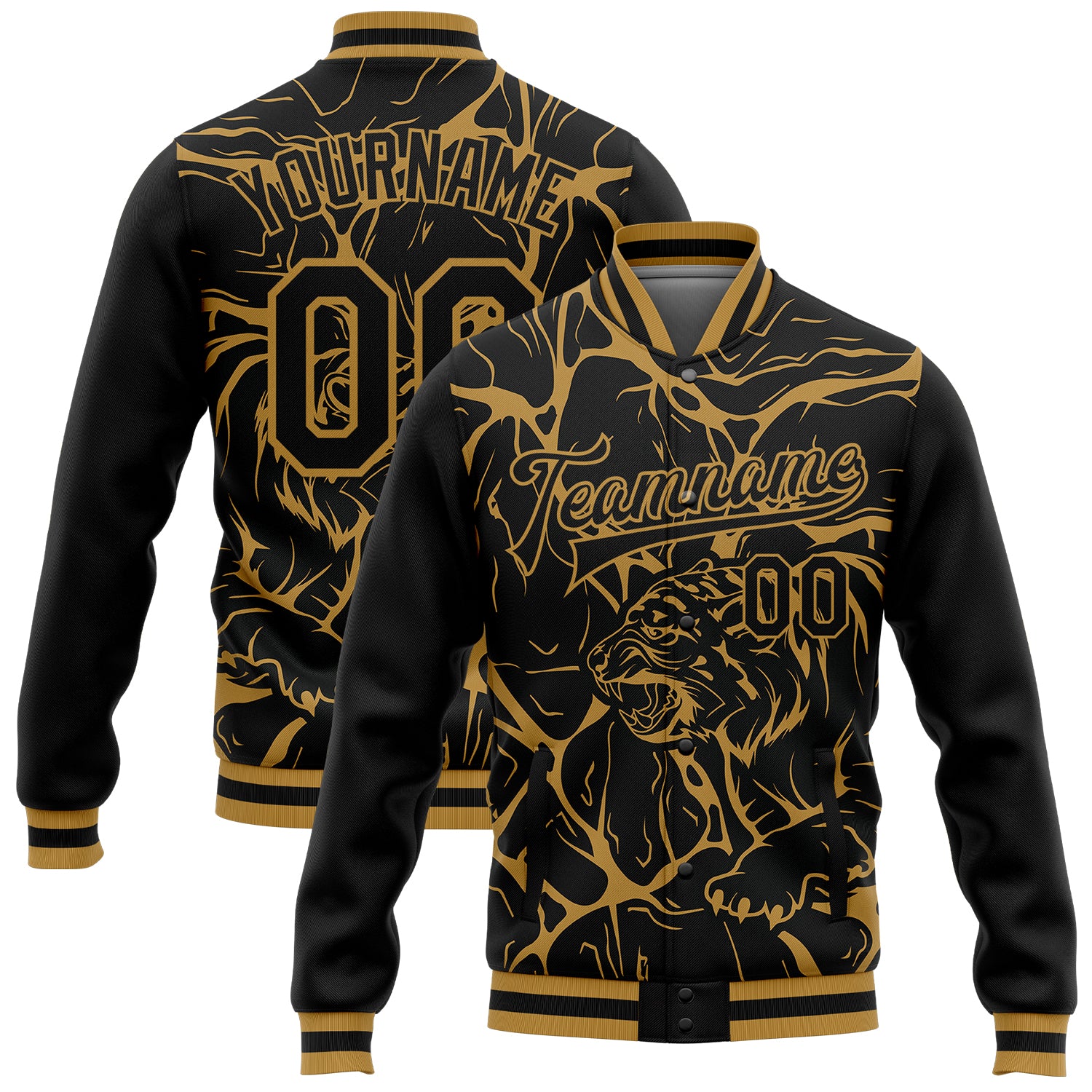 Custom Name Number Tiger 3D Pattern Bomber Varsity Jacket Personalized Black Gold Abstract Design Full-Snap Letterman Personalized