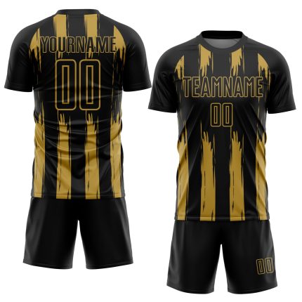 Custom Black and Gold Abstract Stripes Soccer Jersey - Personalized Sublimation Uniform Personalized Black Old Gold Abstract