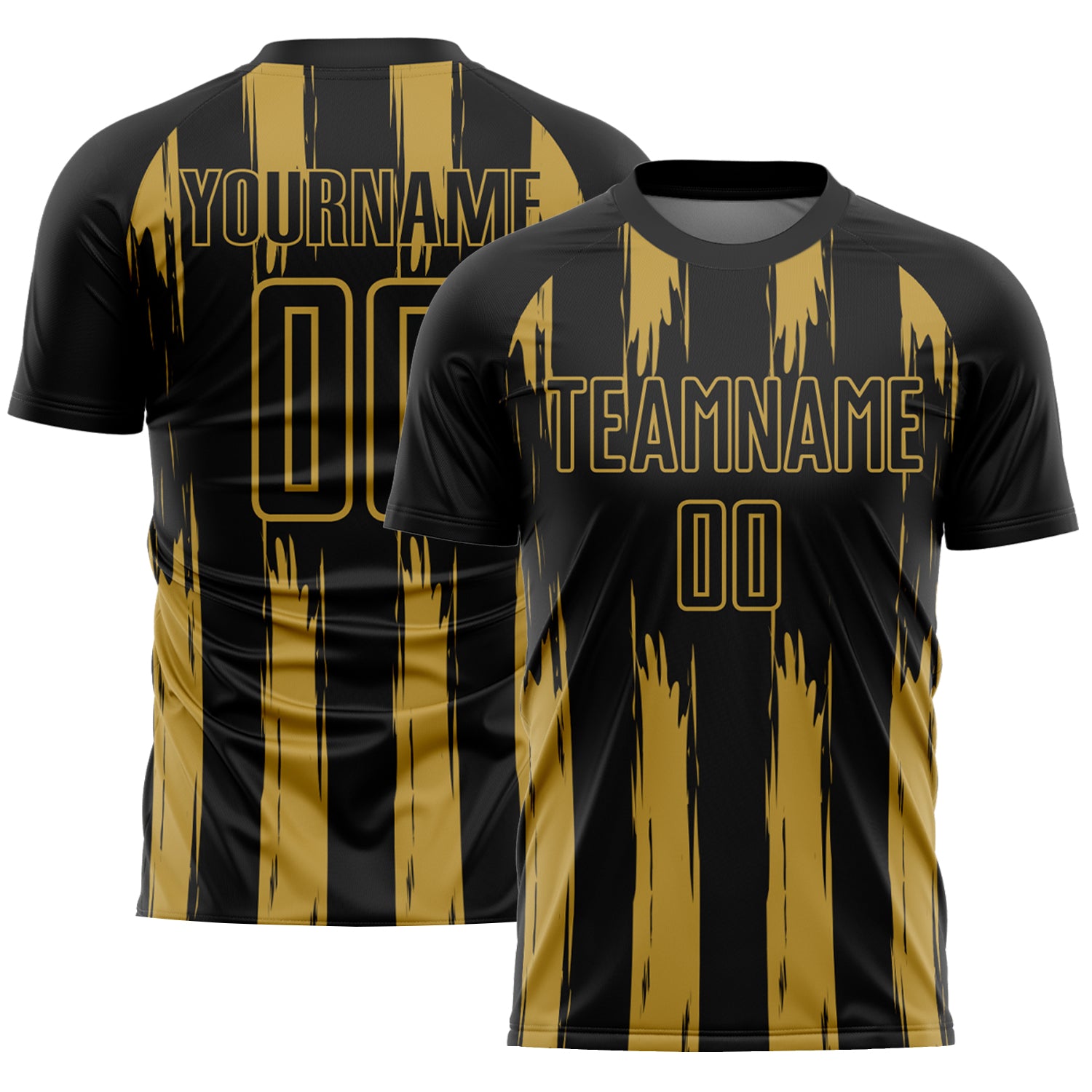 Customizable Black Gold Abstract Stripes Soccer Jersey with Name and Number - Personalized Team Uniform Personalized Black