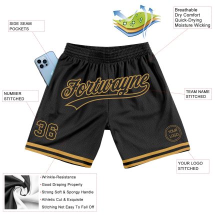Custom Name and Number Basketball Shorts - Black Old Gold Authentic Throwback Style Personalized Black Old Gold Authentic
