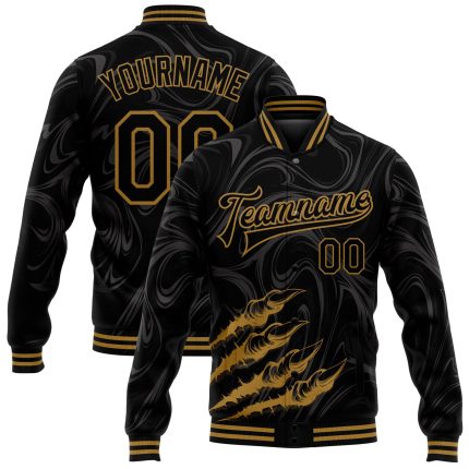 Personalized 3D Varsity Letterman Jacket Black Gold Beast Claws Full-Snap Bomber Personalized Black Old Gold Beast Claws