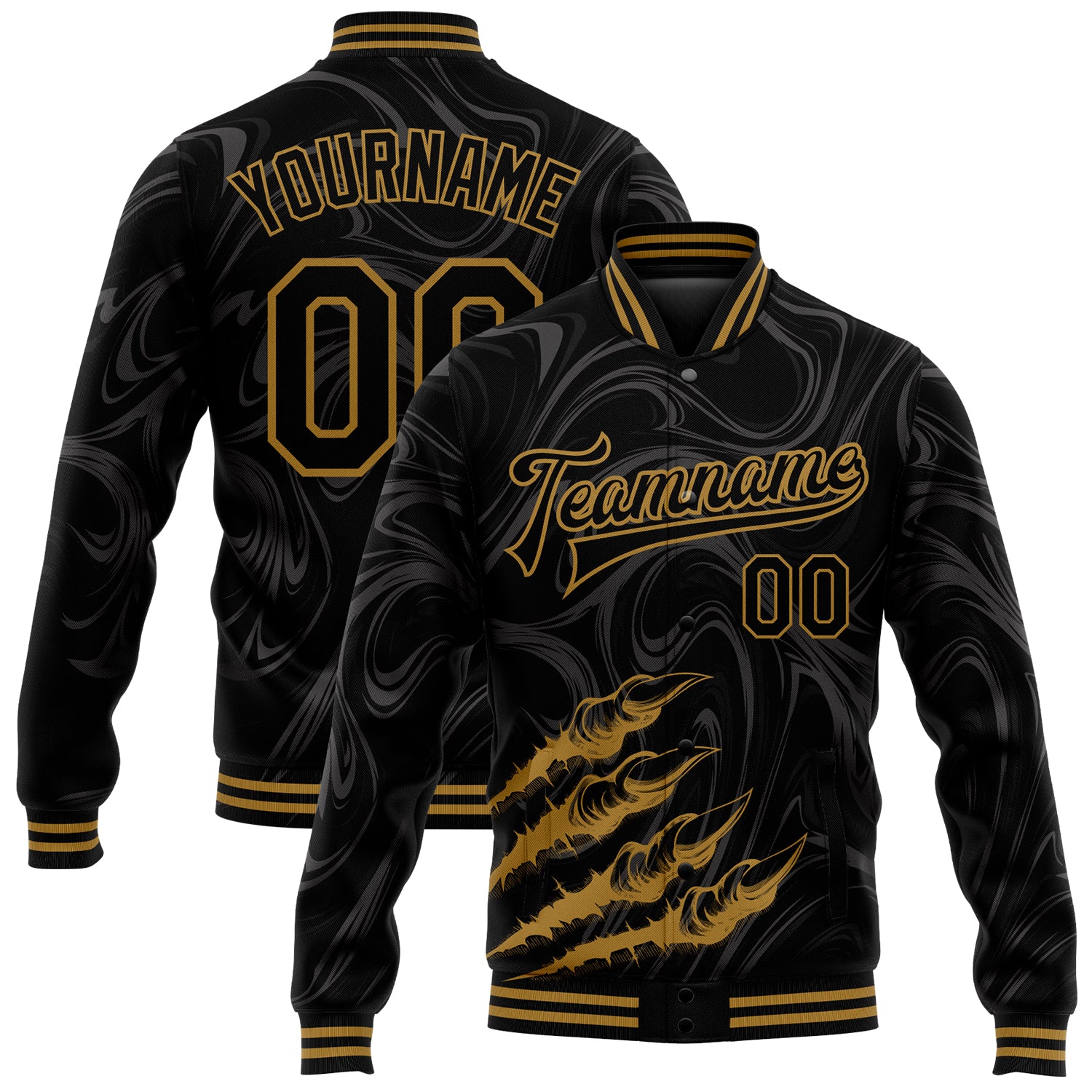 Custom Name & Number Personalized Black Gold 3D Beast Claws Varsity Bomber Full-Snap Letterman Jacket Personalized Black