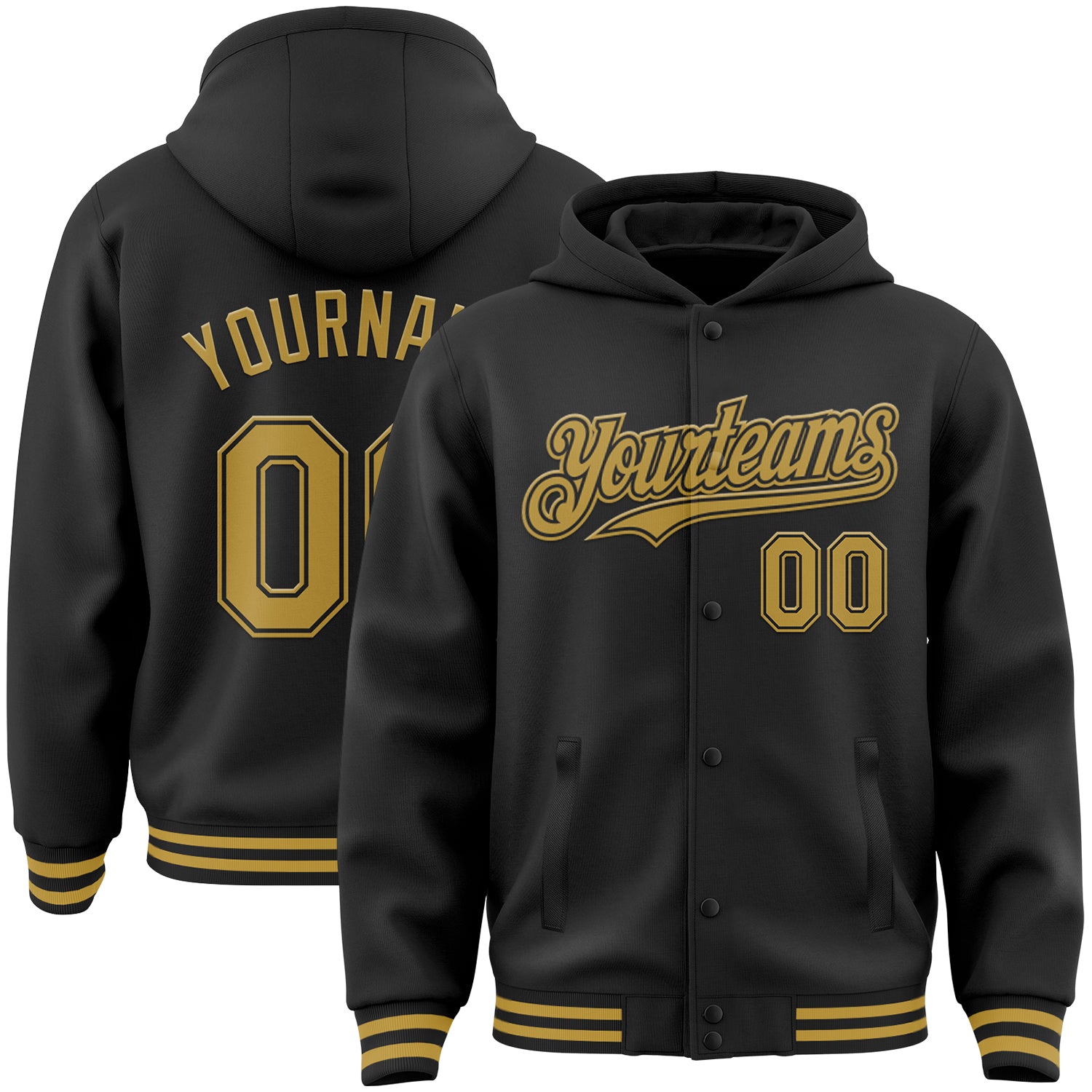 Personalized Black Gold Varsity Letterman Hoodie Jacket Bomber Full-Snap Personalized Black Old Gold Bomber Full-Snap Varsity