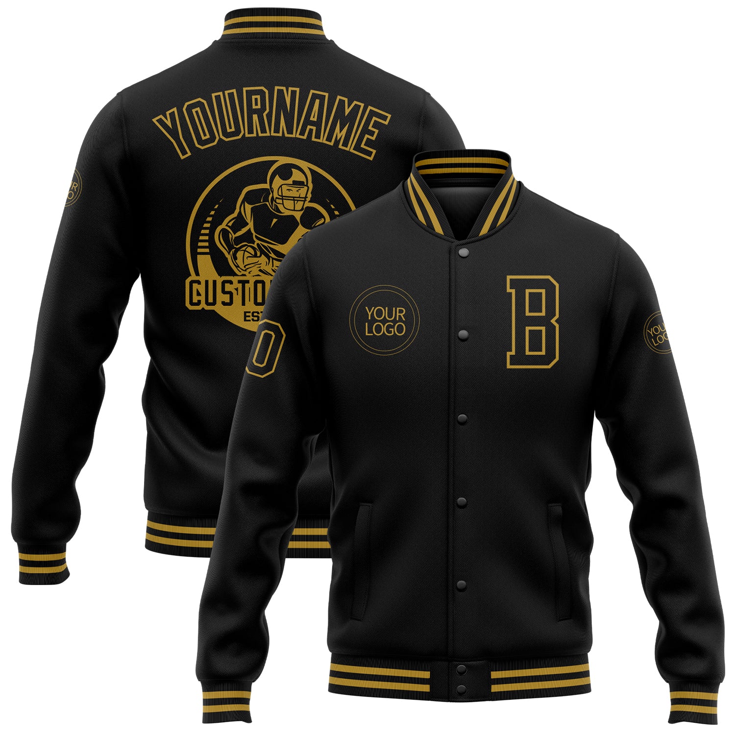 Personalized Old Gold Black Bomber Varsity Letterman Jacket Full-Snap 2 Personalized Black Old Gold Bomber Full-Snap Varsity