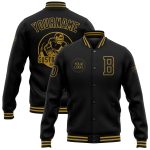 Personalized Black and Gold Varsity Letterman Jacket Full-Snap Bomber Personalized Black Old Gold Bomber Full-Snap Varsity