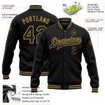 Personalized Black Gold Varsity Letterman Bomber Full-Snap Jacket Personalized Black Old Gold Bomber Full-Snap Varsity Letterman