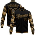 Personalized Black Old Gold Camo 3D Varsity Letterman Bomber Jacket Full-Snap Sleeves Personalized Black Old Gold Camo Sleeves