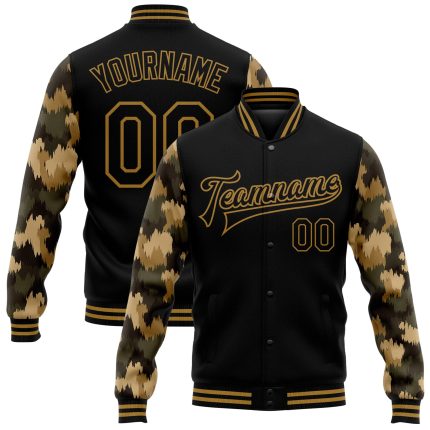 Custom Black Gold Camo Varsity Letterman Jacket with 3D Pattern Design, Personalized Name & Number, Bomber Full-Snap Style