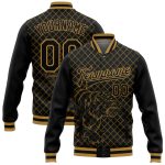 Custom Black Gold Check 3D Tiger Varsity Letterman Bomber Full-Snap Jacket Personalized Black Old Gold Check And Tiger 3D