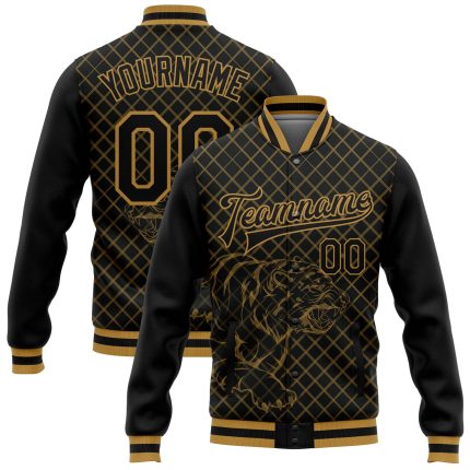 Custom Black Gold Check 3D Tiger Varsity Letterman Bomber Full-Snap Jacket Personalized Black Old Gold Check And Tiger 3D