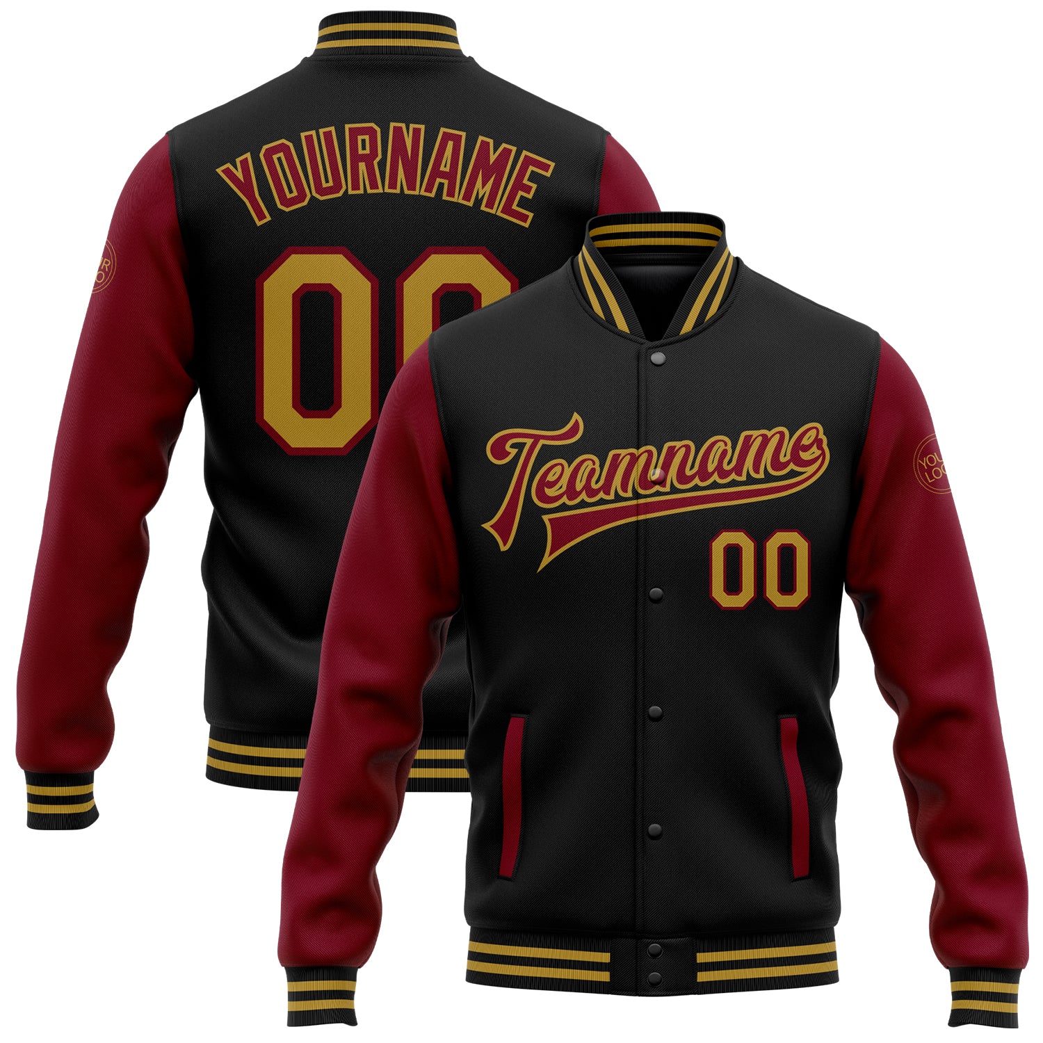 Personalized Old Gold Crimson Bomber Varsity Jacket - Black Full-Snap Two Tone Letterman Jacket Personalized Black Old Gold-Crimson