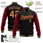 Custom Name Number Black Old Gold-Crimson Two Tone Bomber Varsity Letterman Full-Snap Jacket Personalized Personalized Black