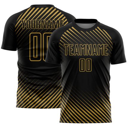 Custom Black and Old Gold Diagonal Lines Soccer Jersey - Personalized Sublimation Uniform Personalized Black Old Gold Diagonal