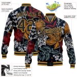 Personalized Black Gold Flowers 3D Varsity Letterman Bomber Jacket Full-Snap Personalized Black Old Gold Flowers And Branches