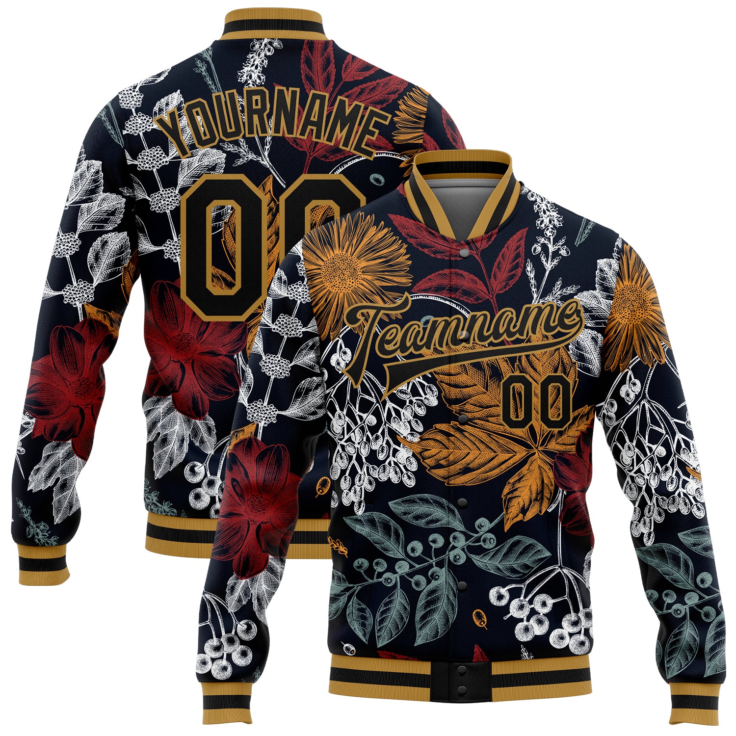 Personalized Black Gold Flowers 3D Varsity Letterman Bomber Jacket Full-Snap Personalized Black Old Gold Flowers And Branches
