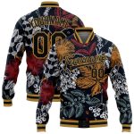 Custom Name and Number Black Gold Floral 3D Pattern Varsity Bomber Jacket Full-Snap Design Letterman Style Personalized Black