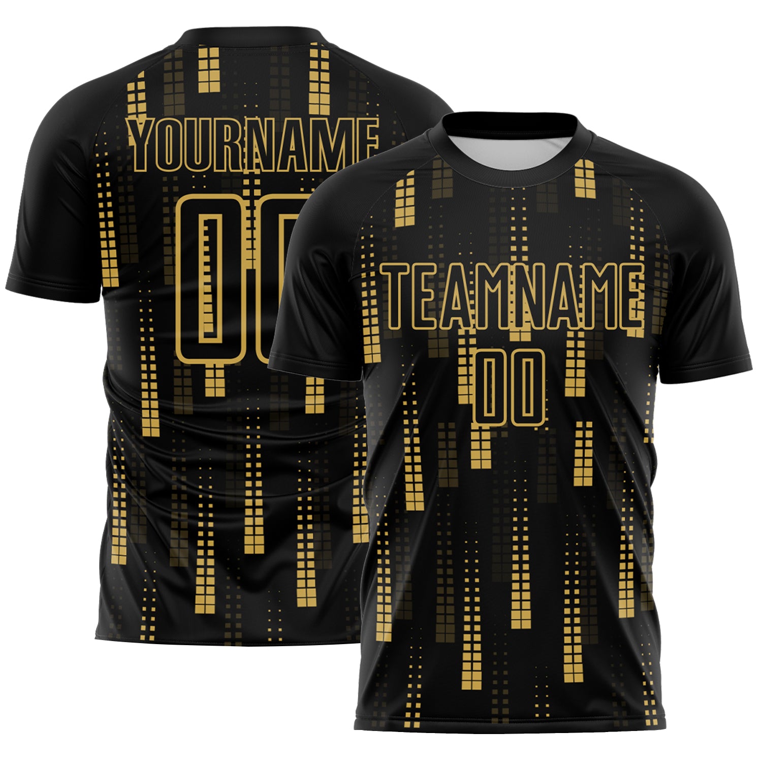 Geometric Shapes Soccer Jersey Custom Name and Number Personalized Black Old Gold Sports Uniform Personalized Black Old Gold