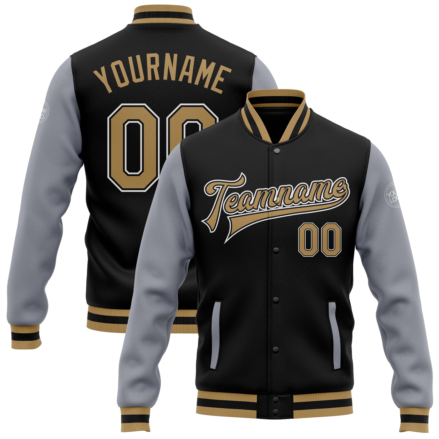 Personalized Two Tone Varsity Letterman Bomber Jacket in Black Gold Gray Full-Snap Personalized Black Old Gold-Gray Bomber